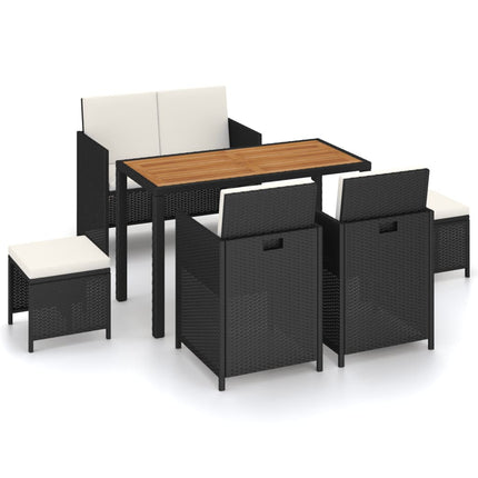6 Piece Patio Dining Set Poly Rattan and Acacia Wood Black