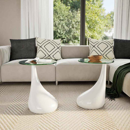 Coffee Tables 2 pcs with Round Glass Top High Gloss White