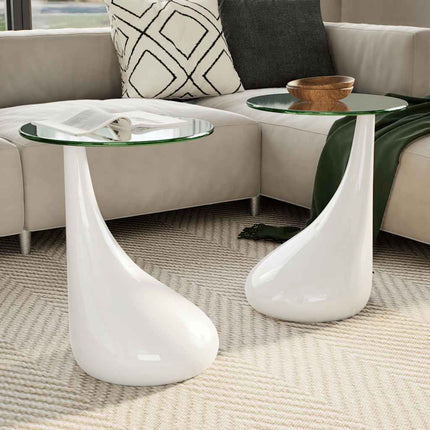 Coffee Tables 2 pcs with Round Glass Top High Gloss White