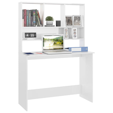 Desk with Shelves High Gloss White 43.3" x 17.7" x 61.8" Engineered Wood