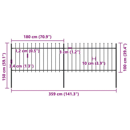 Garden Fence with Spear Top Steel 141.3"x39.4" Black