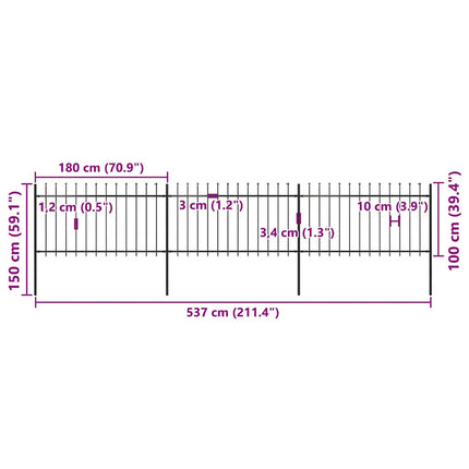 Garden Fence with Spear Top Steel 211.4"x39.4" Black