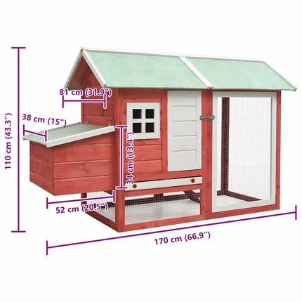Chicken Cage Red 66.9"x31.9"x43.3" Solid Pine & Fir Wood