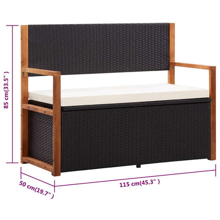 Storage Bench 45.3" Poly Rattan and Solid Acacia Wood Black
