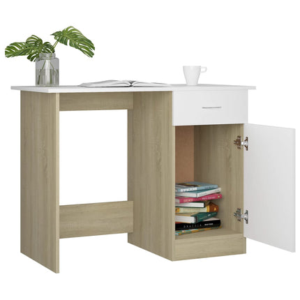 Desk White and Sonoma Oak 39.4"x19.7"x29.9" Engineered Wood