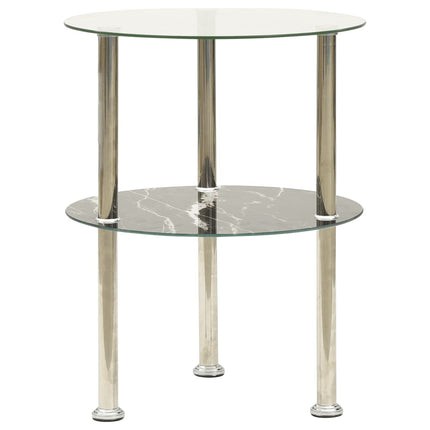 2-Tier Side Table Transparent & Black Marble 15" Tempered Glass