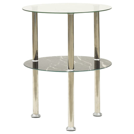 2-Tier Side Table Transparent & Black Marble 15" Tempered Glass