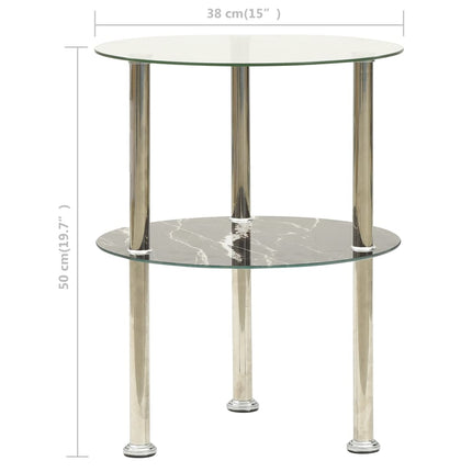 2-Tier Side Table Transparent & Black Marble 15" Tempered Glass