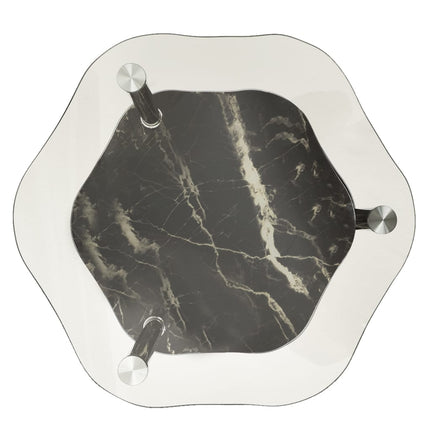 2-Tier Side Table Transparent & Black Marble 15"x15"x19.7" Tempered Glass