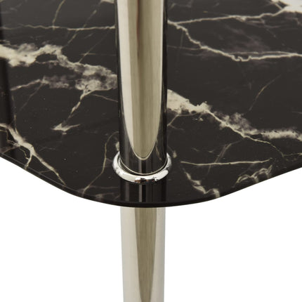 2-Tier Side Table Transparent & Black Marble 15"x15"x19.7" Tempered Glass