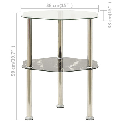 2-Tier Side Table Transparent & Black Marble 15"x15"x19.7" Tempered Glass