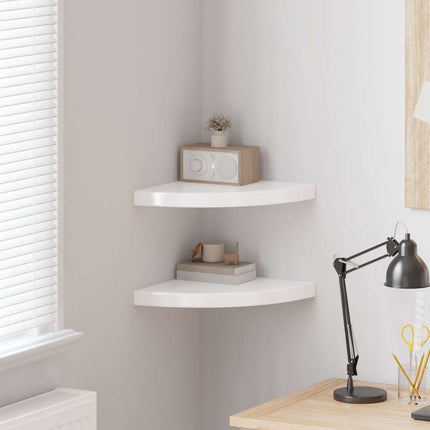 Floating Corner Shelves 2 pcs High Gloss White 13.8"x13.8"x1.5" MDF