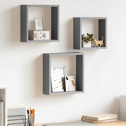 Wall Cube Shelves 3 pcs Gray MDF