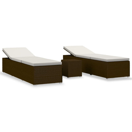 3 Piece Patio Sun Loungers with Tea Table Poly Rattan Brown