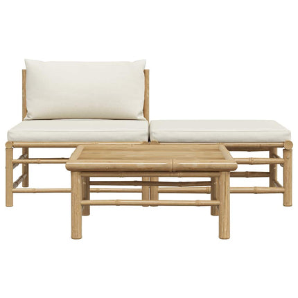 3 Piece Patio Lounge Set with Cream White Cushions Bamboo