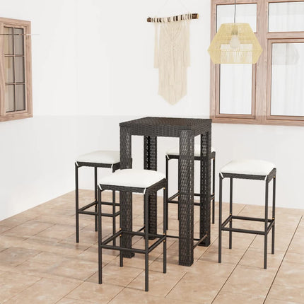 5 Piece Patio Bar Set with Cushions Poly Rattan Black