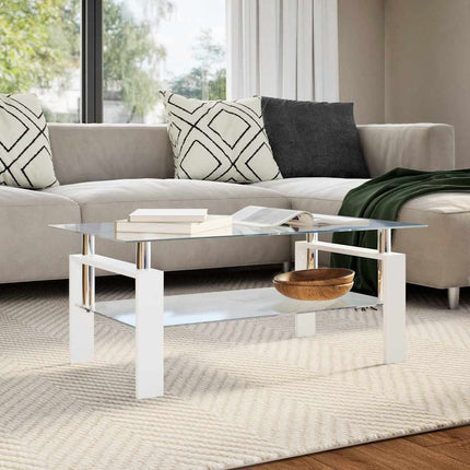 Coffee Table White and Transparent 37.4"x21.7"x15.7" Tempered Glass