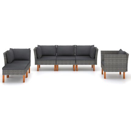 6 Piece Patio Lounge Set Poly Rattan and Eucalyptus Wood Gray