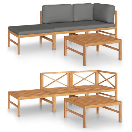 4 Piece Patio Lounge Set with Gray Cushions Solid Teak Wood