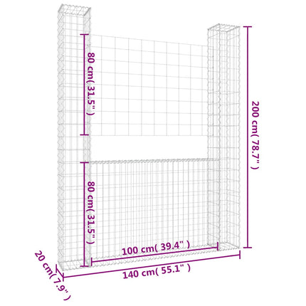 U-shape Gabion Basket with 2 Posts Iron 55.1"x7.9"x78.7