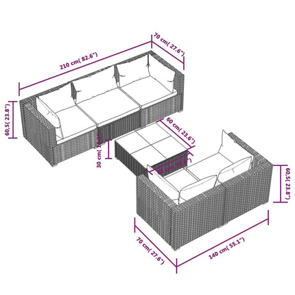 6 Piece Patio Lounge Set with Cushions Poly Rattan Brown
