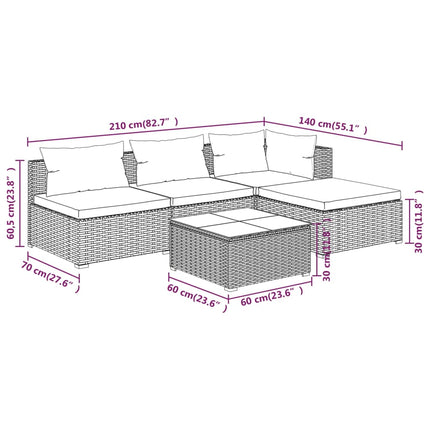 5 Piece Patio Lounge Set with Cushions Poly Rattan Brown