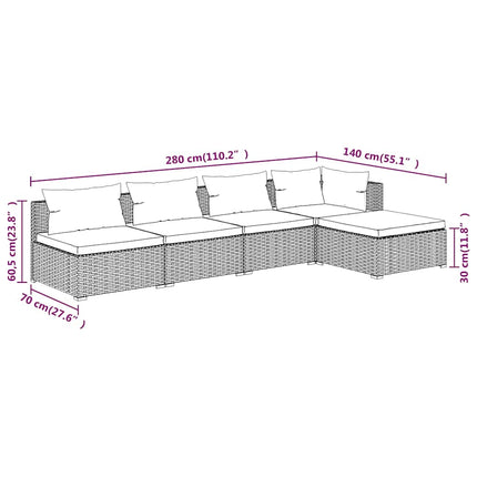 5 Piece Patio Lounge Set with Cushions Poly Rattan Black