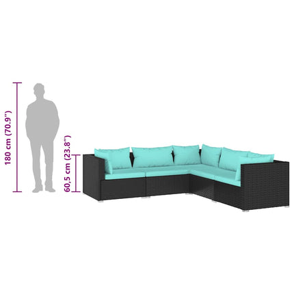 5 Piece Patio Lounge Set with Cushions Poly Rattan Black