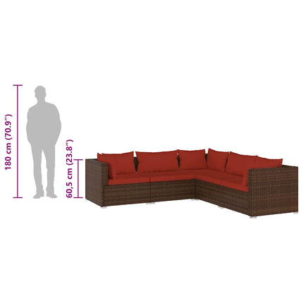 5 Piece Patio Lounge Set with Cushions Poly Rattan Brown