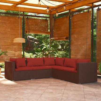 5 Piece Patio Lounge Set with Cushions Poly Rattan Brown