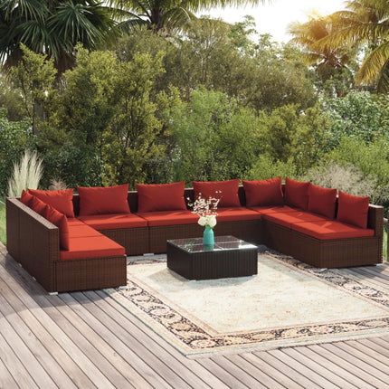 10 Piece Patio Lounge Set with Cushions Poly Rattan Brown