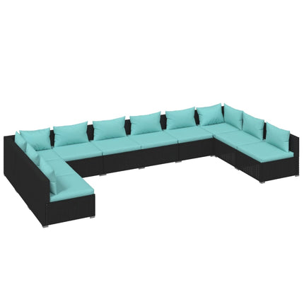 10 Piece Patio Lounge Set with Cushions Poly Rattan Black