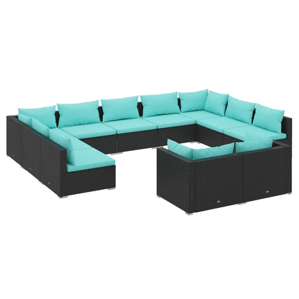 11 Piece Patio Lounge Set with Cushions Black Poly Rattan