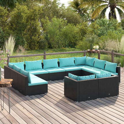 11 Piece Patio Lounge Set with Cushions Black Poly Rattan