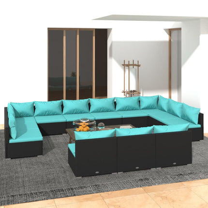 13 Piece Patio Lounge Set with Cushions Black Poly Rattan