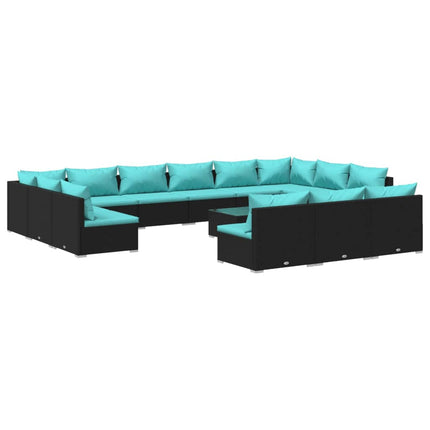 14 Piece Patio Lounge Set with Cushions Black Poly Rattan