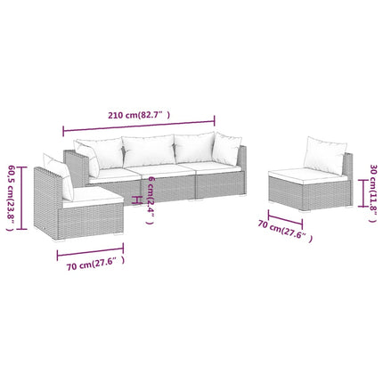 5 Piece Patio Lounge Set with Cushions Poly Rattan Brown