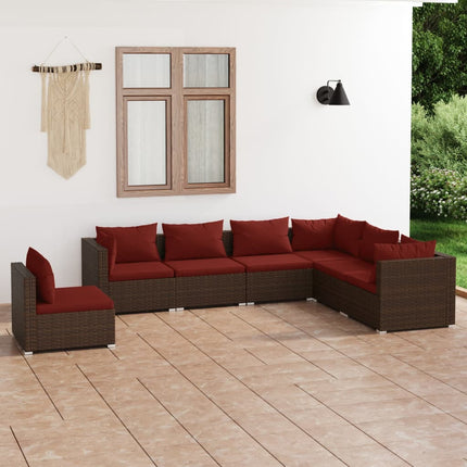 7 Piece Patio Lounge Set with Cushions Poly Rattan Brown