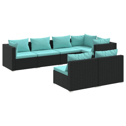 7 Piece Patio Lounge Set with Cushions Black Poly Rattan
