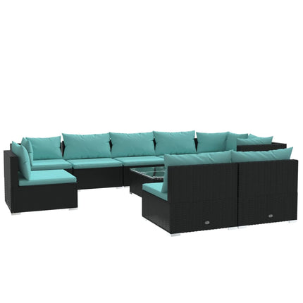 10 Piece Patio Lounge Set with Cushions Poly Rattan Black