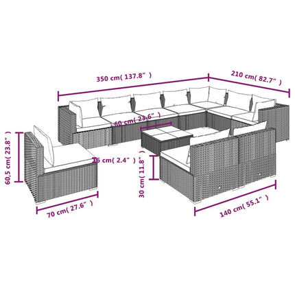 11 Piece Patio Lounge Set with Cushions Poly Rattan Black
