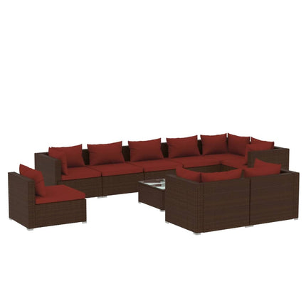 10 Piece Patio Lounge Set with Cushions Poly Rattan Brown