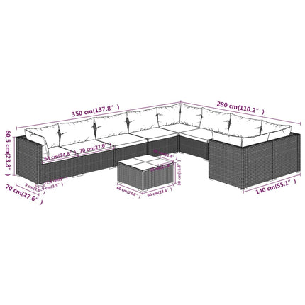 10 Piece Patio Lounge Set with Cushions Poly Rattan Brown