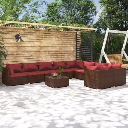 10 Piece Patio Lounge Set with Cushions Poly Rattan Brown