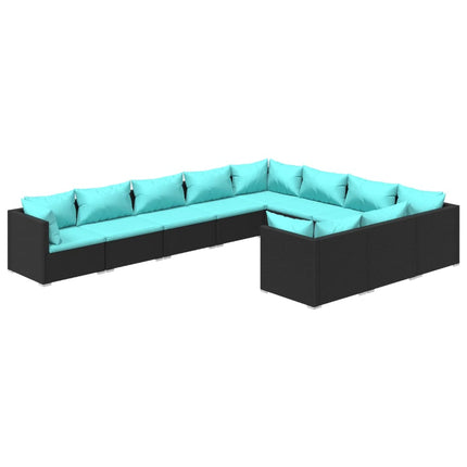 10 Piece Patio Lounge Set with Cushions Poly Rattan Black