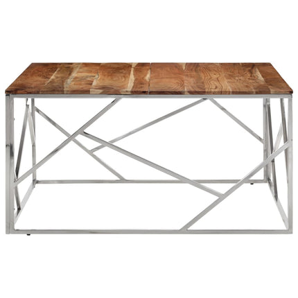 Coffee Table Silver Stainless Steel and Solid Wood Acacia