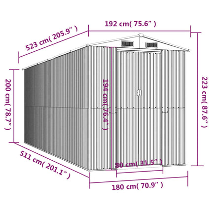 Garden Shed Light Gray 75.6"x205.9"x87.8" Galvanized Steel