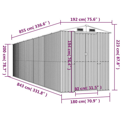Garden Shed Light Gray 75.6"x336.6"x87.8" Galvanized Steel