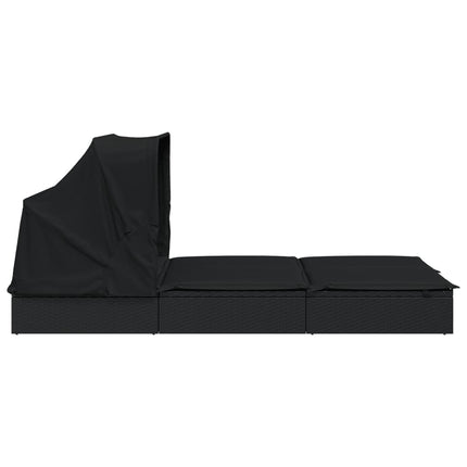 2-Person Sunbed with Foldable Roof Black 83.9"x46.5"x38.2" Poly Rattan