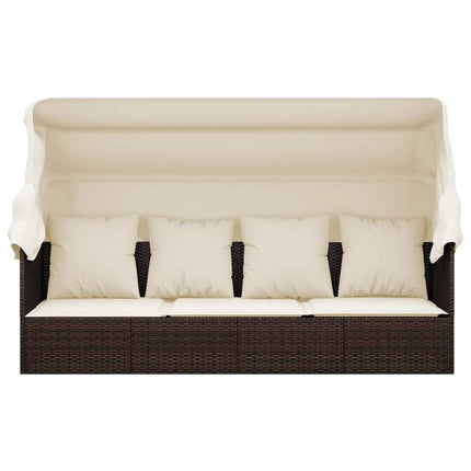 Patio Lounge Bed with Roof and Cushions Brown Poly Rattan